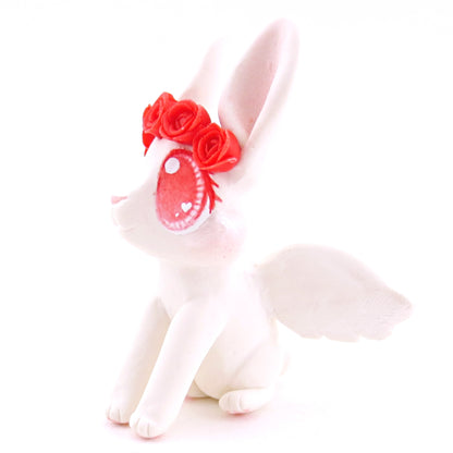 Cupid Bunny with Red Rose Crown Figurine - Polymer Clay Valentine Animals