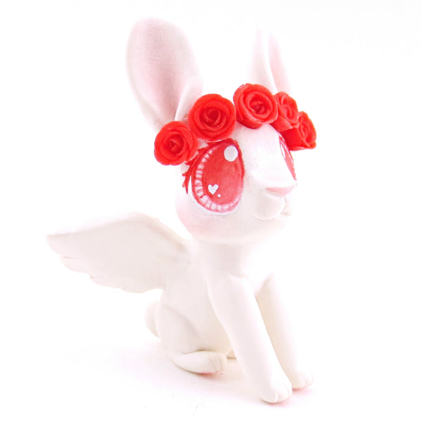 Cupid Bunny with Red Rose Crown Figurine - Polymer Clay Valentine Animals