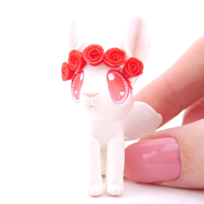 Cupid Bunny with Red Rose Crown Figurine - Polymer Clay Valentine Animals