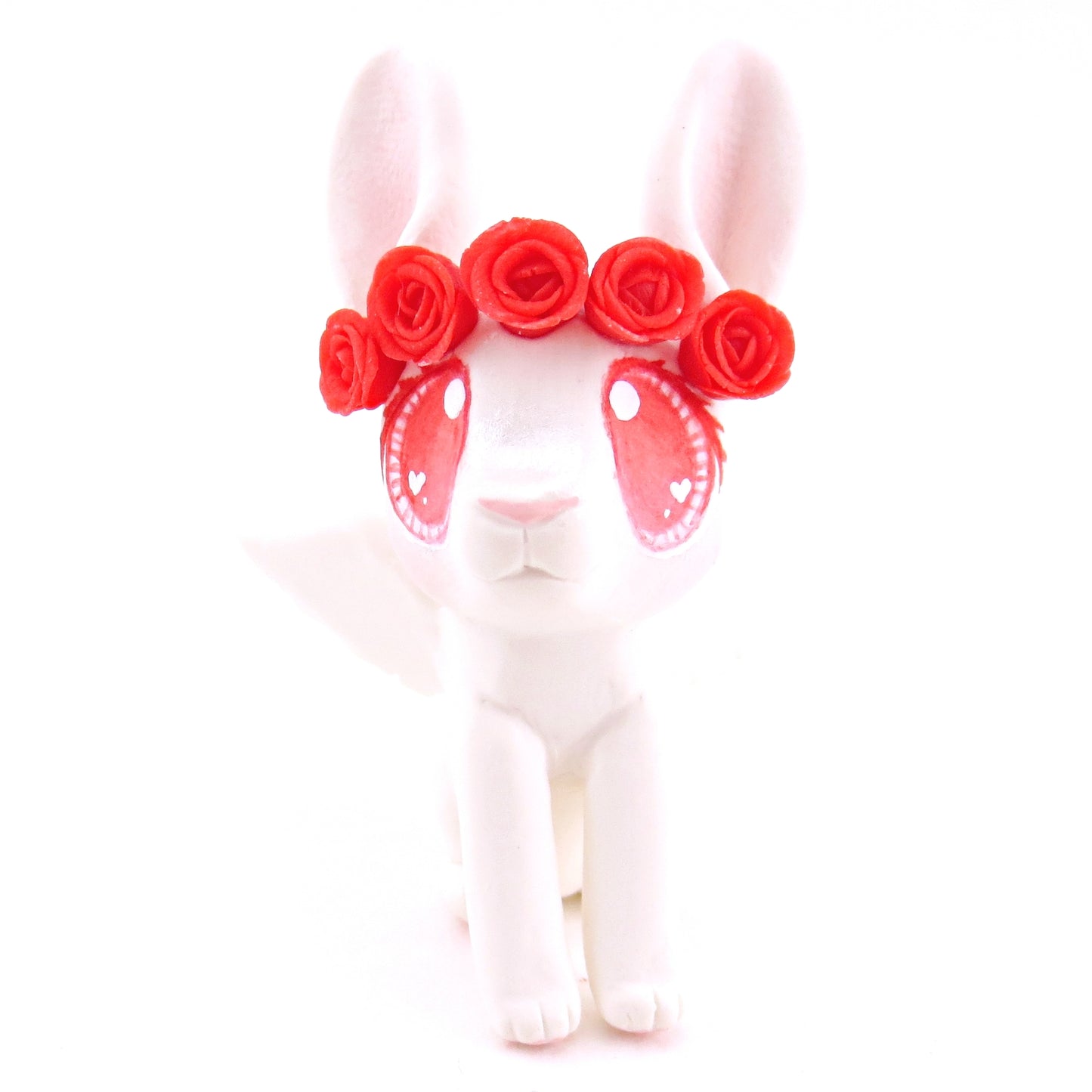 Cupid Bunny with Red Rose Crown Figurine - Polymer Clay Valentine Animals