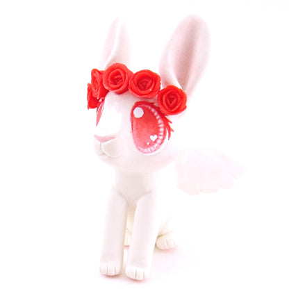 Cupid Bunny with Red Rose Crown Figurine - Polymer Clay Valentine Animals