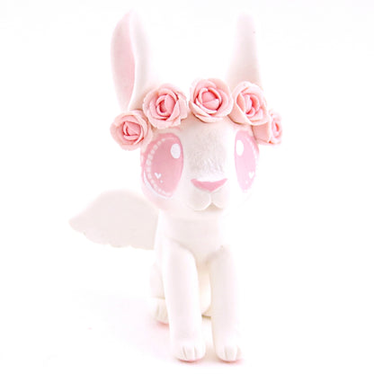 Cupid Bunny with Pink Rose Crown Figurine - Polymer Clay Valentine Animals