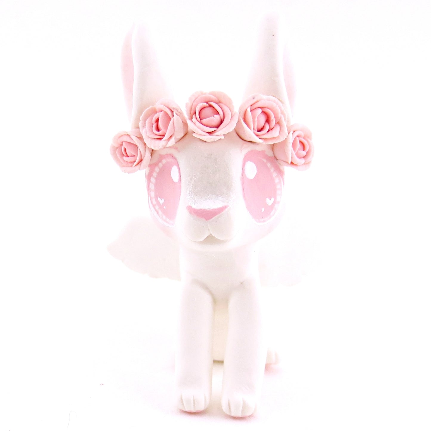 Cupid Bunny with Pink Rose Crown Figurine - Polymer Clay Valentine Animals