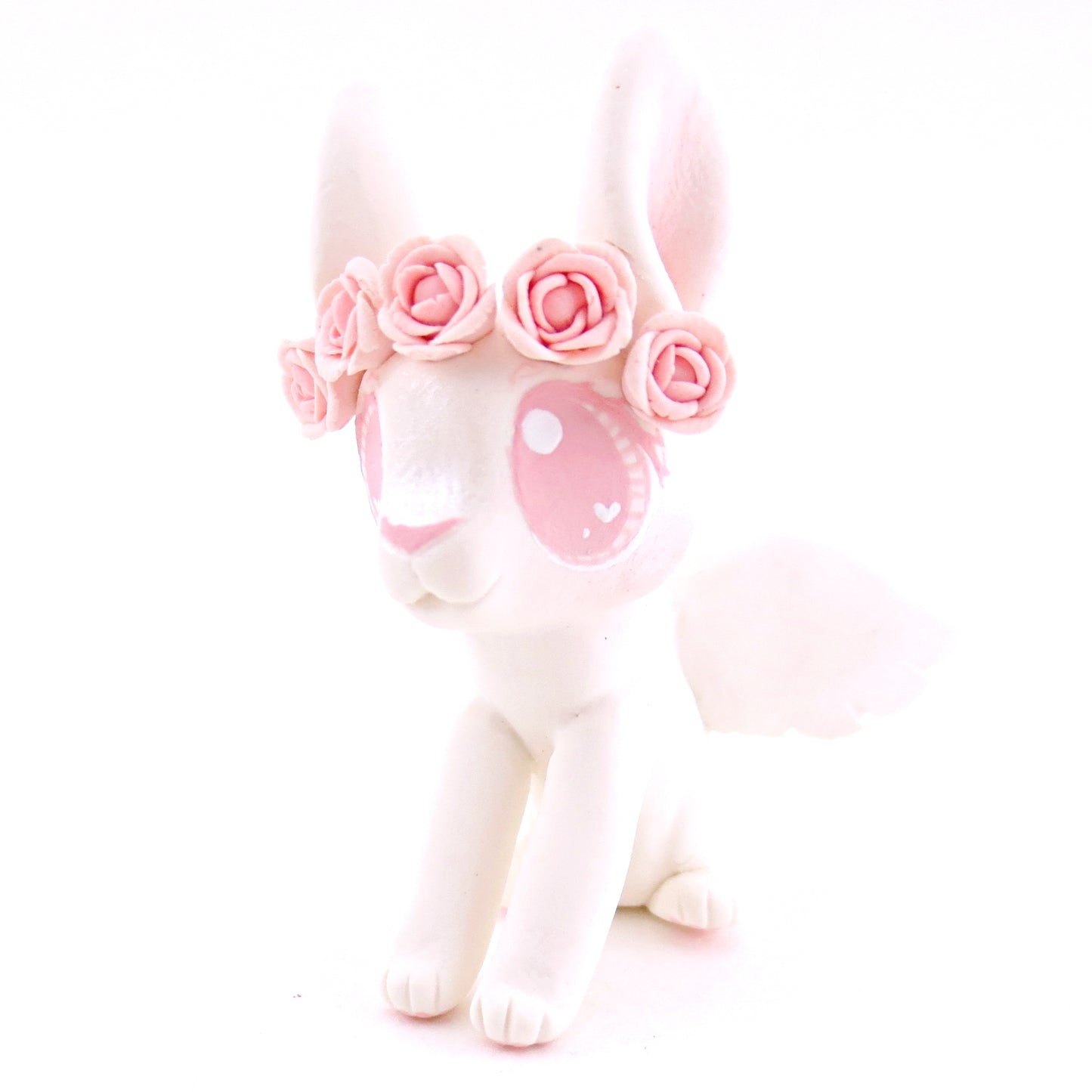 Cupid Bunny with Pink Rose Crown Figurine - Polymer Clay Valentine Animals