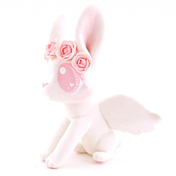 Cupid Bunny with Pink Rose Crown Figurine - Polymer Clay Valentine Animals