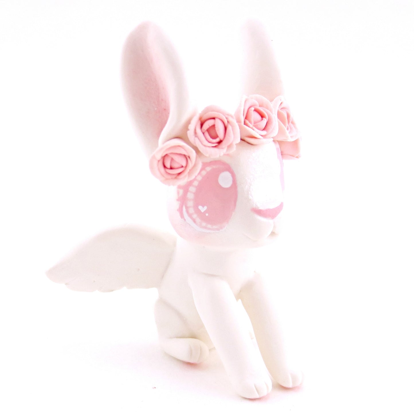 Cupid Bunny with Pink Rose Crown Figurine - Polymer Clay Valentine Animals