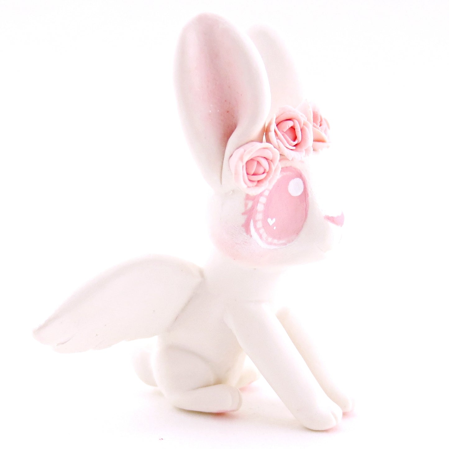 Cupid Bunny with Pink Rose Crown Figurine - Polymer Clay Valentine Animals