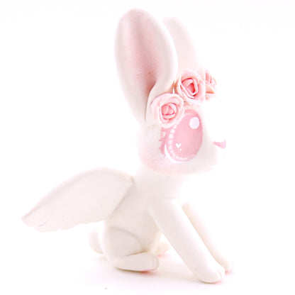 Cupid Bunny with Pink Rose Crown Figurine - Polymer Clay Valentine Animals