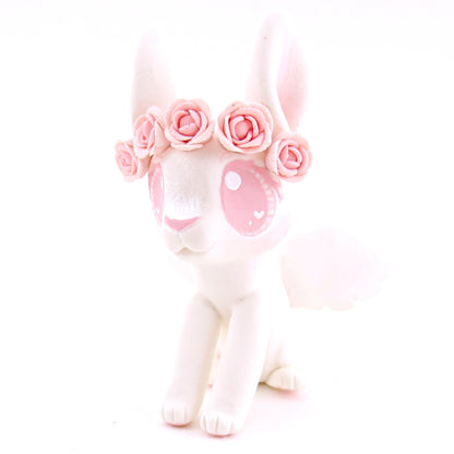 Cupid Bunny with Pink Rose Crown Figurine - Polymer Clay Valentine Animals