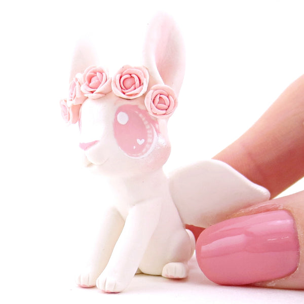 Cupid Bunny with Pink Rose Crown Figurine - Polymer Clay Valentine Animals