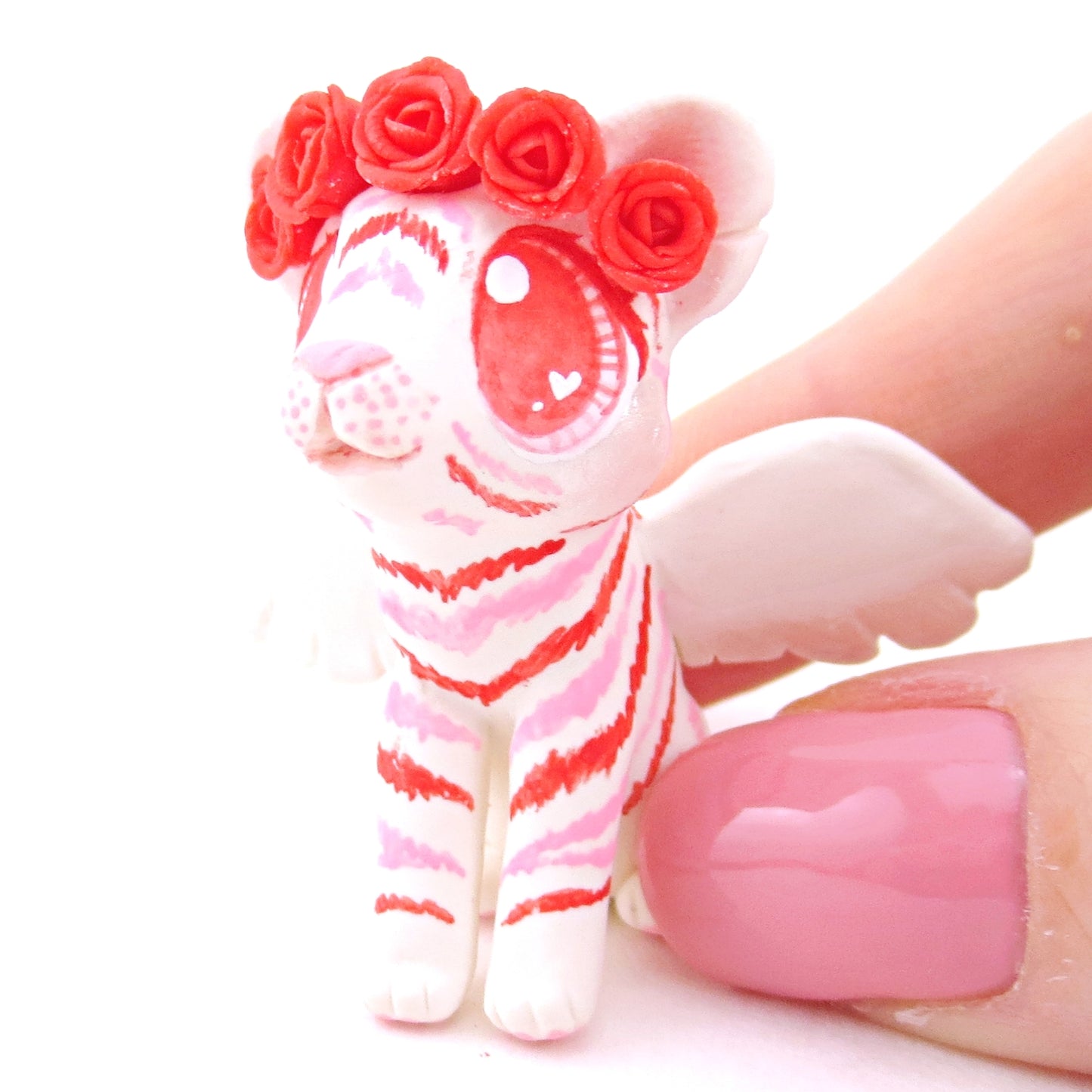 Cupid Winged Red and Pink Tiger Cub Figurine - Polymer Clay Valentine Animals