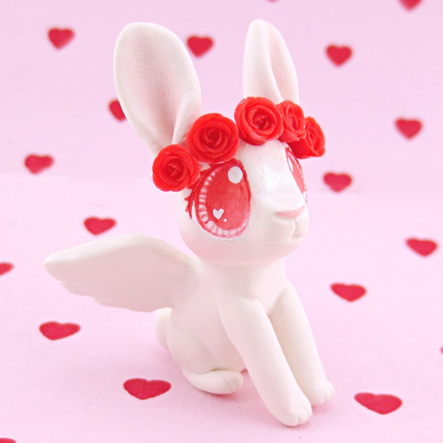 Cupid Bunny with Red Rose Crown Figurine - Polymer Clay Valentine Animals