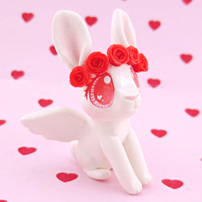 Cupid Bunny with Red Rose Crown Figurine - Polymer Clay Valentine Animals