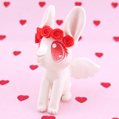 Cupid Bunny with Red Rose Crown Figurine - Polymer Clay Valentine Animals