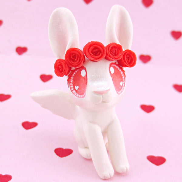 Cupid Bunny with Red Rose Crown Figurine - Polymer Clay Valentine Animals