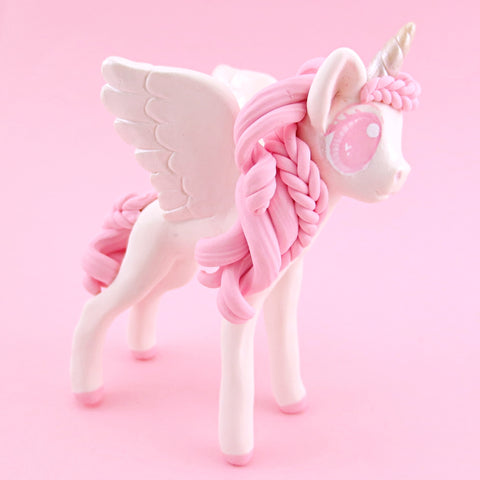 Pink and White Unicorn Pegasus Figurine - Polymer Clay Valentine Animals