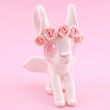 Cupid Bunny with Pink Rose Crown Figurine - Polymer Clay Valentine Animals