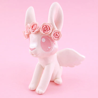 Cupid Bunny with Pink Rose Crown Figurine - Polymer Clay Valentine Animals