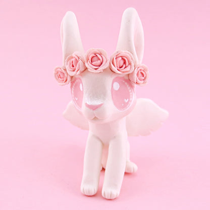 Cupid Bunny with Pink Rose Crown Figurine - Polymer Clay Valentine Animals