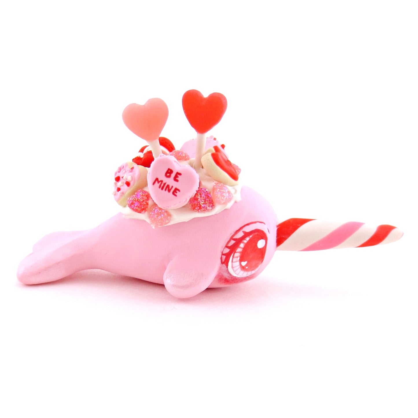 Pink Valentine Dessert Narwhal Figurine - Version 1 - Polymer Clay Valentine Animals