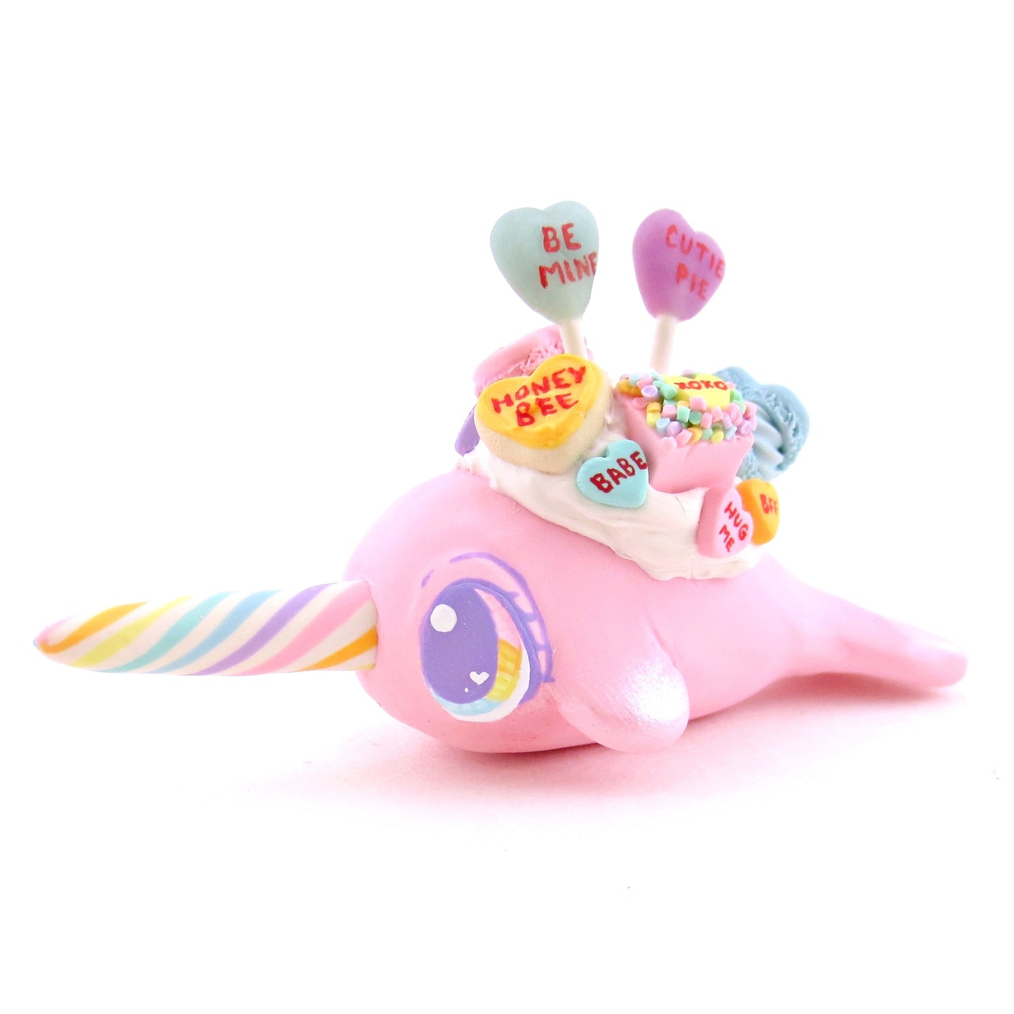 Candy Heart Pink Narwhal Figurine - Polymer Clay Valentine Animals