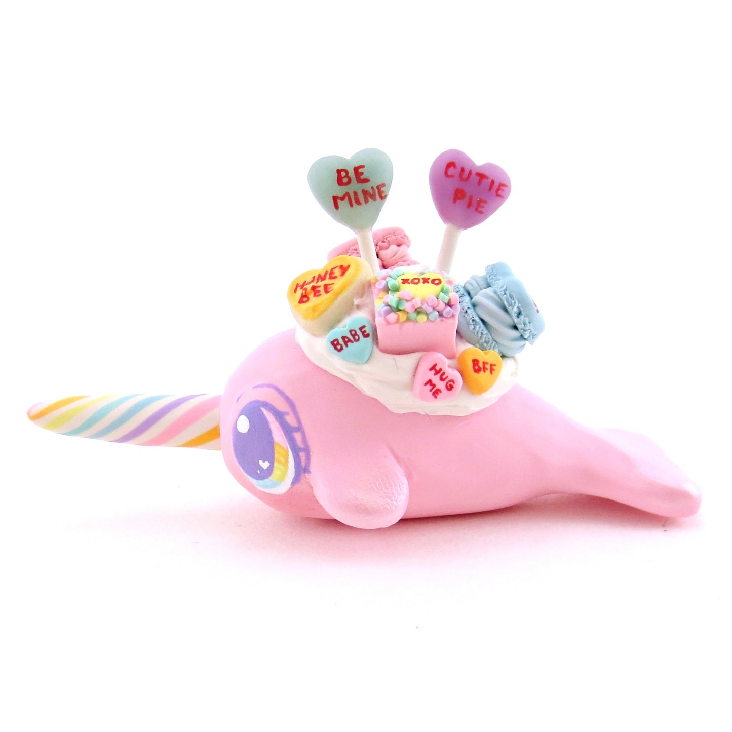 Candy Heart Pink Narwhal Figurine - Polymer Clay Valentine Animals