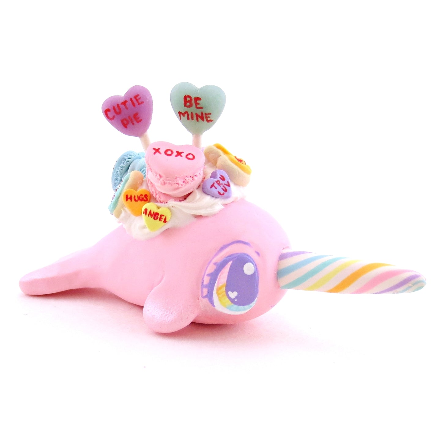 Candy Heart Pink Narwhal Figurine - Polymer Clay Valentine Animals