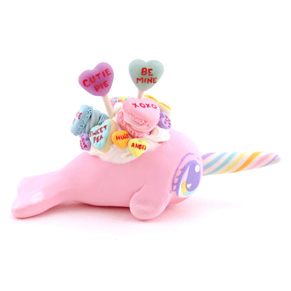 Candy Heart Pink Narwhal Figurine - Polymer Clay Valentine Animals