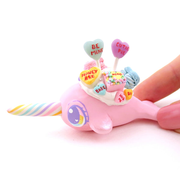 Candy Heart Pink Narwhal Figurine - Polymer Clay Valentine Animals