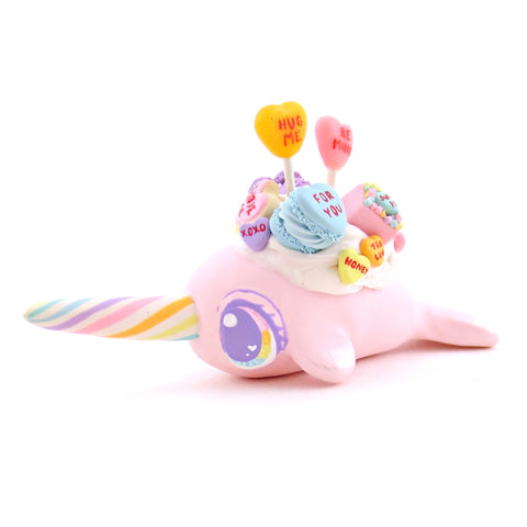 Candy Heart Light Pink Narwhal Figurine - Polymer Clay Valentine Animals