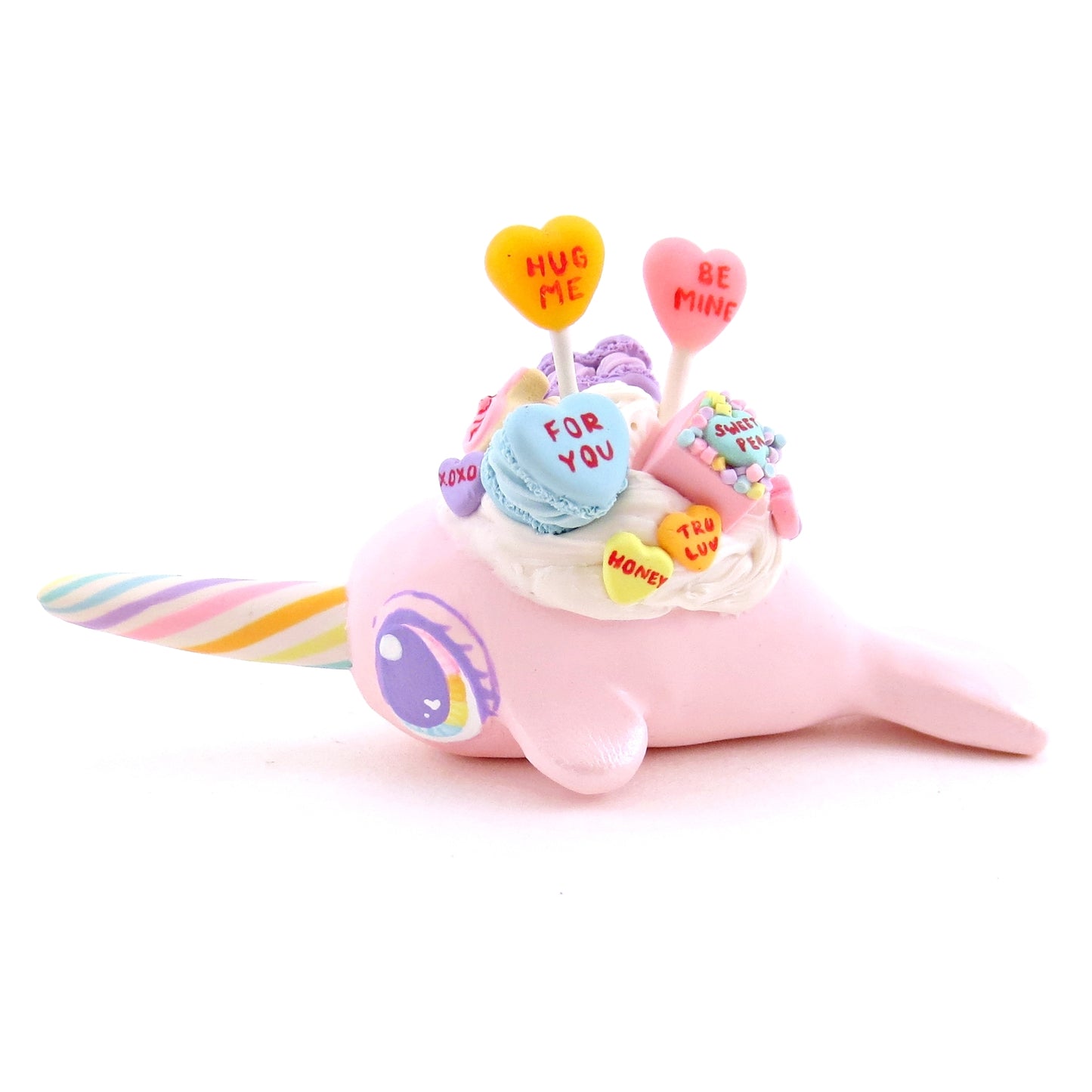 Candy Heart Light Pink Narwhal Figurine - Polymer Clay Valentine Animals