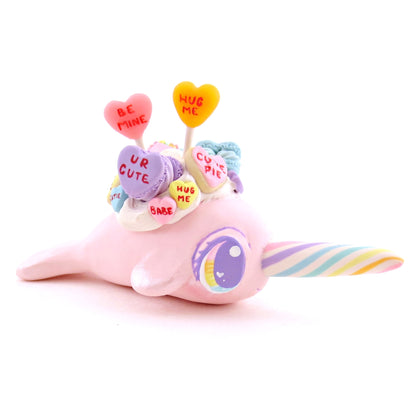 Candy Heart Light Pink Narwhal Figurine - Polymer Clay Valentine Animals