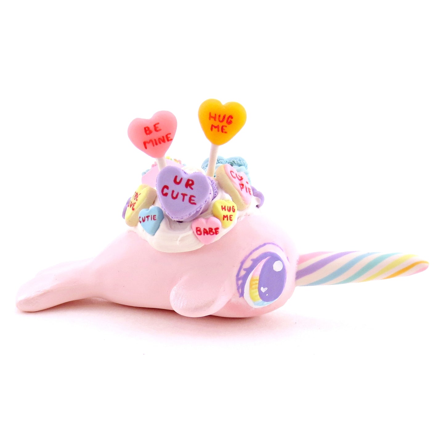 Candy Heart Light Pink Narwhal Figurine - Polymer Clay Valentine Animals