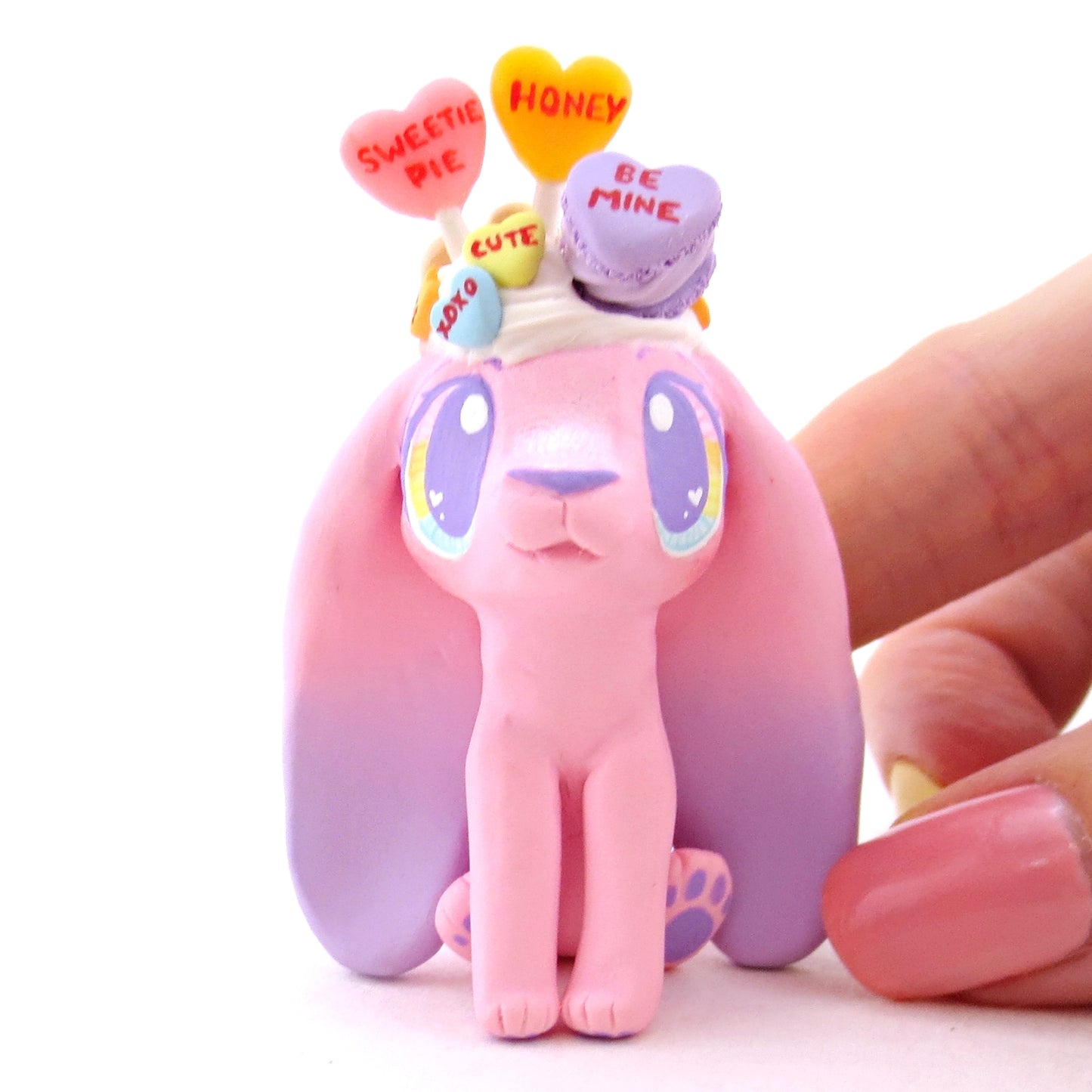 Candy Heart Bunny Figurine - Polymer Clay Valentine Animals