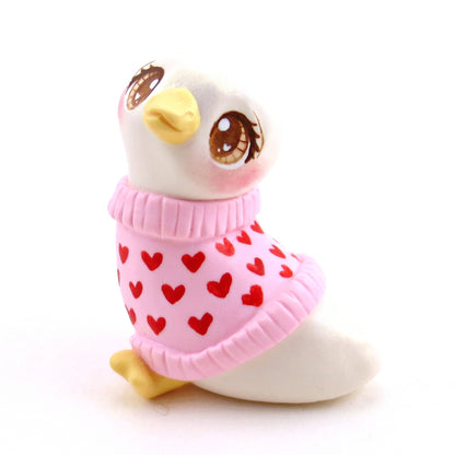 Goose in a Heart Sweater Figurine - Polymer Clay Animals Valentine Collection