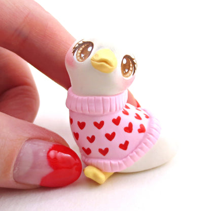 Goose in a Heart Sweater Figurine - Polymer Clay Animals Valentine Collection