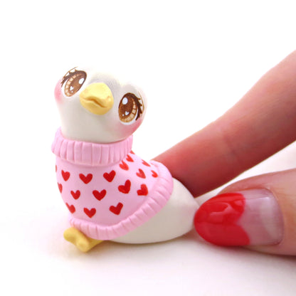 Goose in a Heart Sweater Figurine - Polymer Clay Animals Valentine Collection