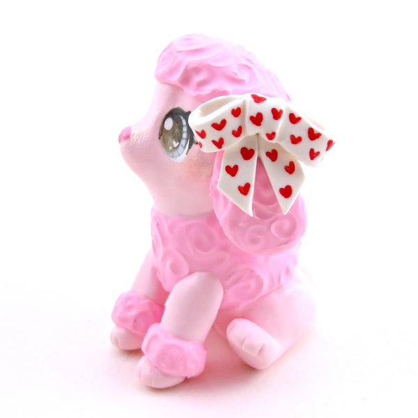 Pink Poodle Puppy with Heart Bows Figurine - Polymer Clay Animals Valentine Collection