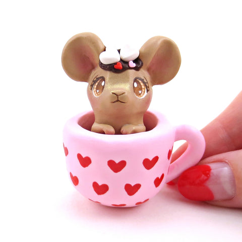 Hot Cocoa Mouse in a Valentine Mug Figurine - Polymer Clay Animals Valentine Collection