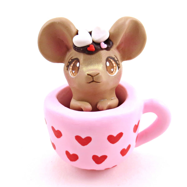 Hot Cocoa Mouse in a Valentine Mug Figurine - Polymer Clay Animals Valentine Collection