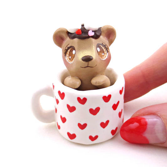 Hot Cocoa Bear Cub in a Valentine Mug Figurine - Polymer Clay Animals Valentine Collection