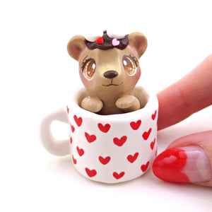 Hot Cocoa Bear Cub in a Valentine Mug Figurine - Polymer Clay Animals Valentine Collection