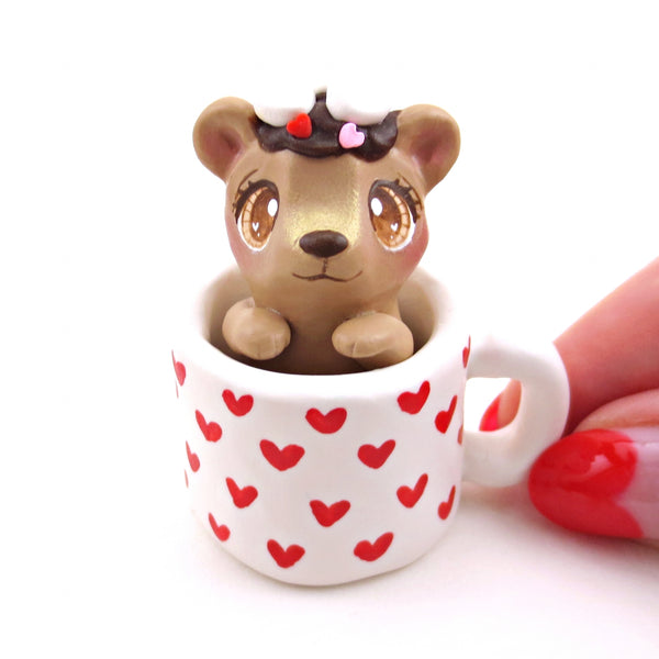 Hot Cocoa Bear Cub in a Valentine Mug Figurine - Polymer Clay Animals Valentine Collection