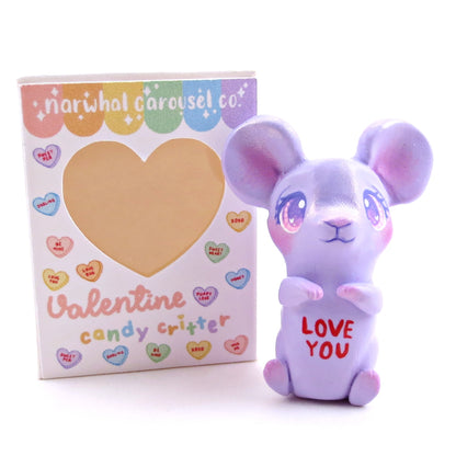 Purple Candy Heart Mouse Figurine with Box - Polymer Clay Animals Valentine Collection