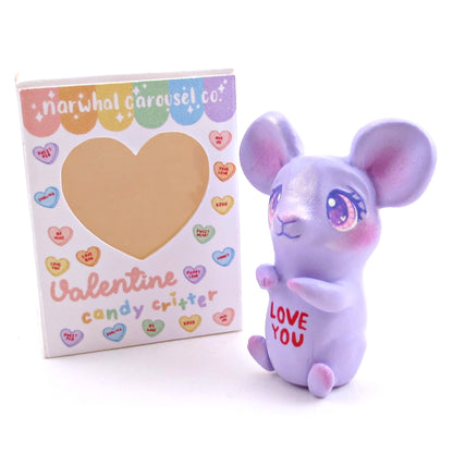 Purple Candy Heart Mouse Figurine with Box - Polymer Clay Animals Valentine Collection