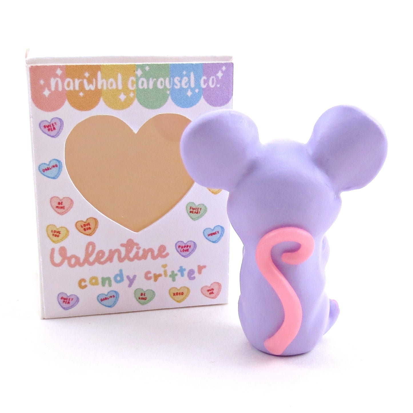 Purple Candy Heart Mouse Figurine with Box - Polymer Clay Animals Valentine Collection