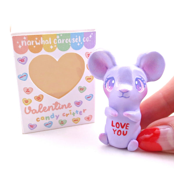 Purple Candy Heart Mouse Figurine with Box - Polymer Clay Animals Valentine Collection