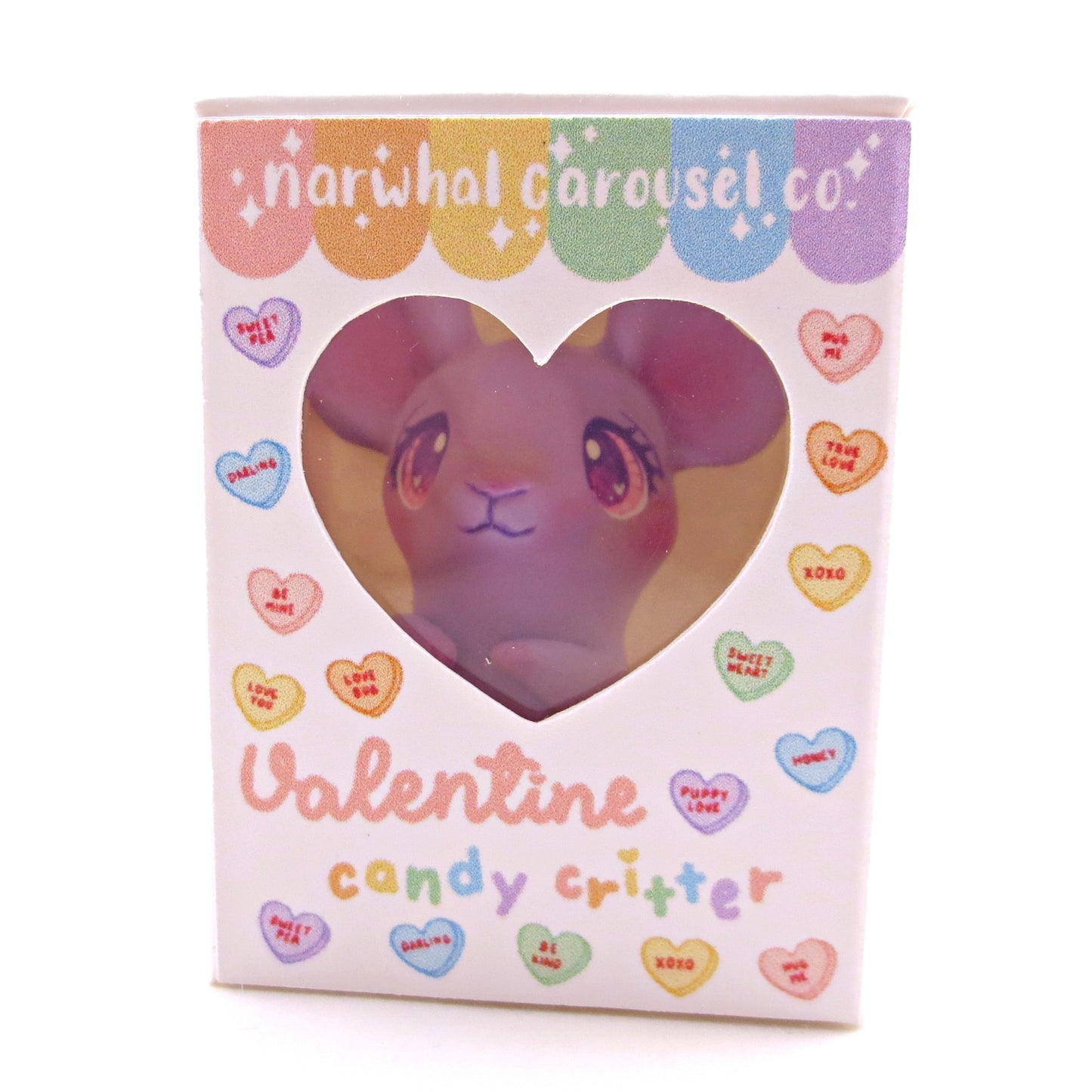 Purple Candy Heart Mouse Figurine with Box - Polymer Clay Animals Valentine Collection