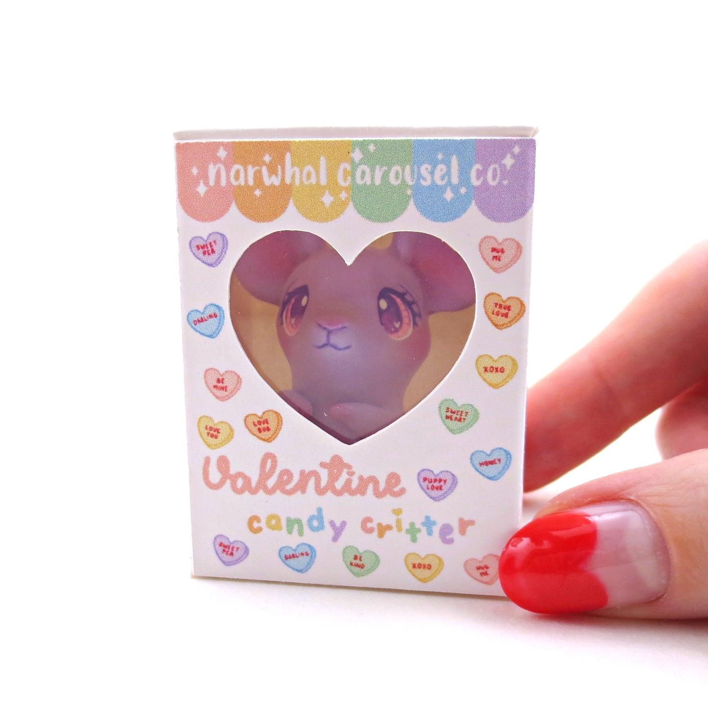 Purple Candy Heart Mouse Figurine with Box - Polymer Clay Animals Valentine Collection