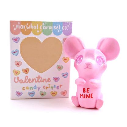 Pink Candy Heart Mouse Figurine with Box - Polymer Clay Animals Valentine Collection